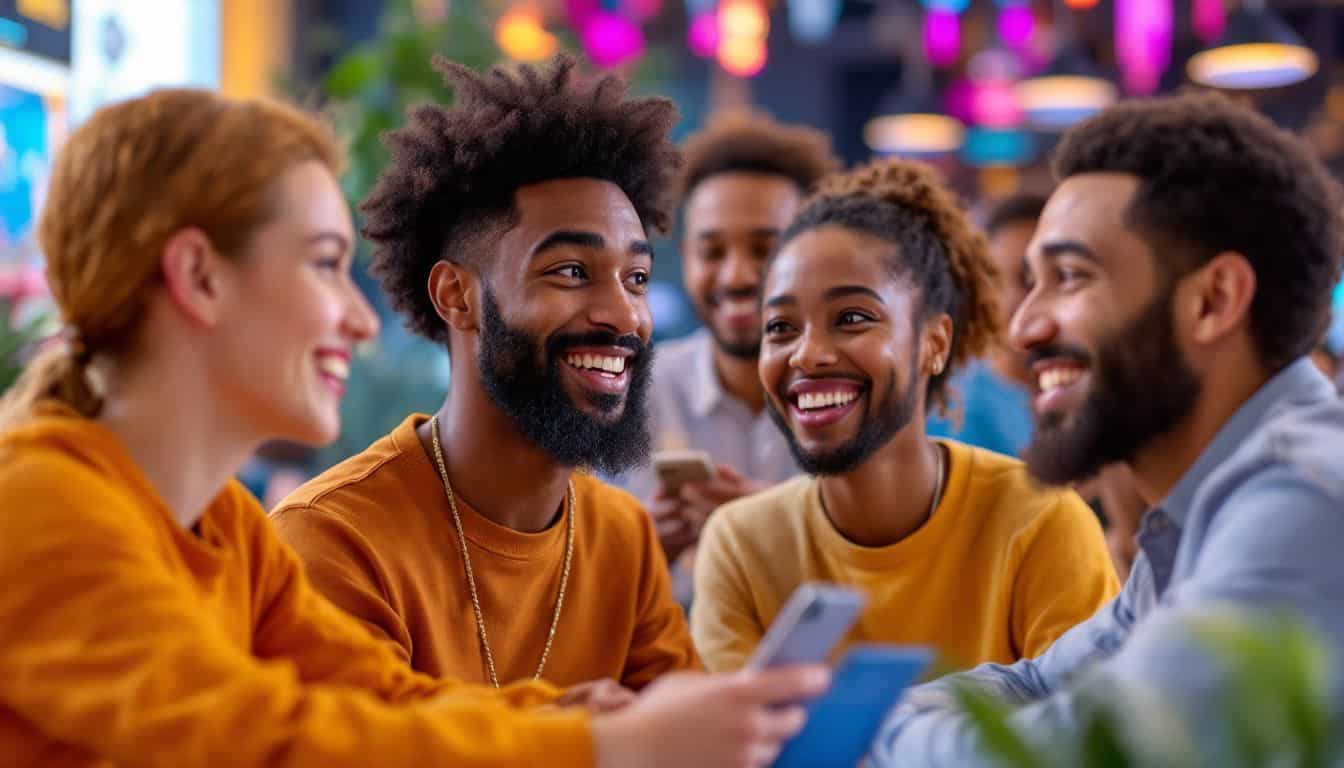 A diverse group of virtual avatars interacting in an online game hub. A diverse group of virtual avatars interacting in an online game hub.