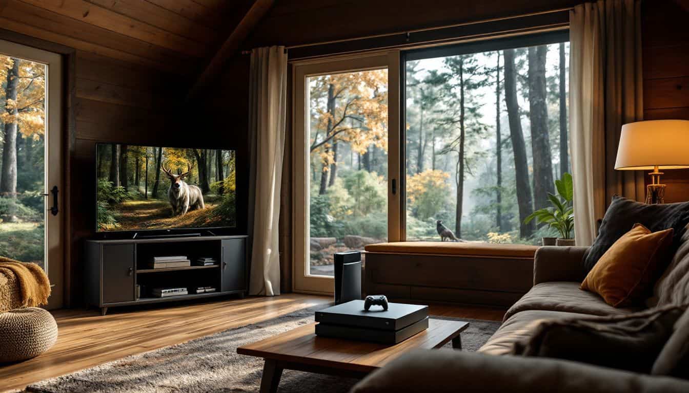 A cozy cabin in a peaceful forest clearing with a gaming setup. A cozy cabin in a peaceful forest clearing with a gaming setup.
