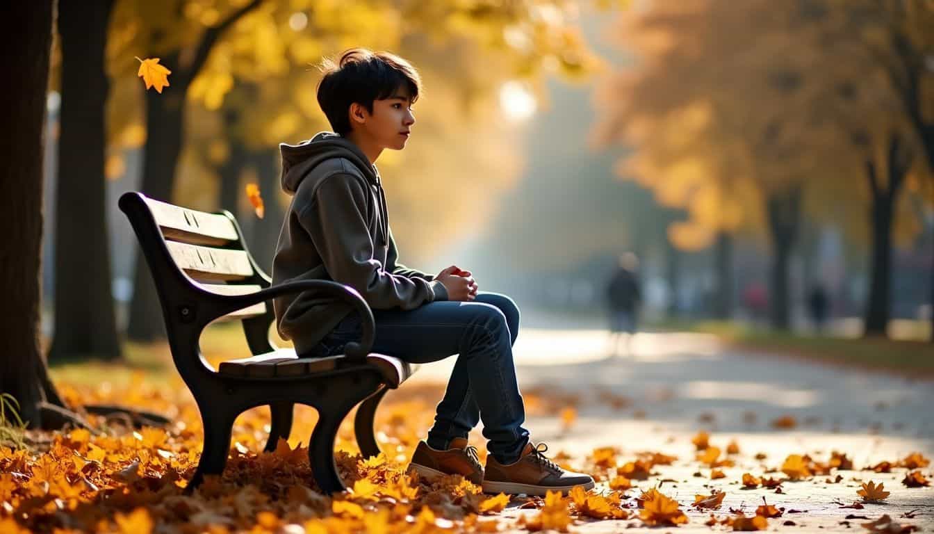 A teenager sits on a park bench surrounded by autumn leaves. A teenager sits on a park bench surrounded by autumn leaves.