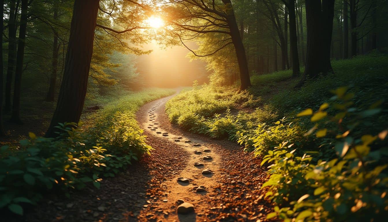 A worn path leads to a hidden, inviting clearing in the forest. A worn path leads to a hidden, inviting clearing in the forest.