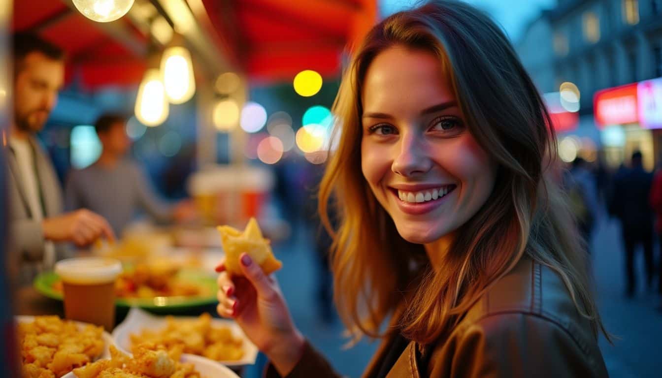 A woman in her late 20s enjoys street food in a bustling urban area. A woman in her late 20s enjoys street food in a bustling urban area.