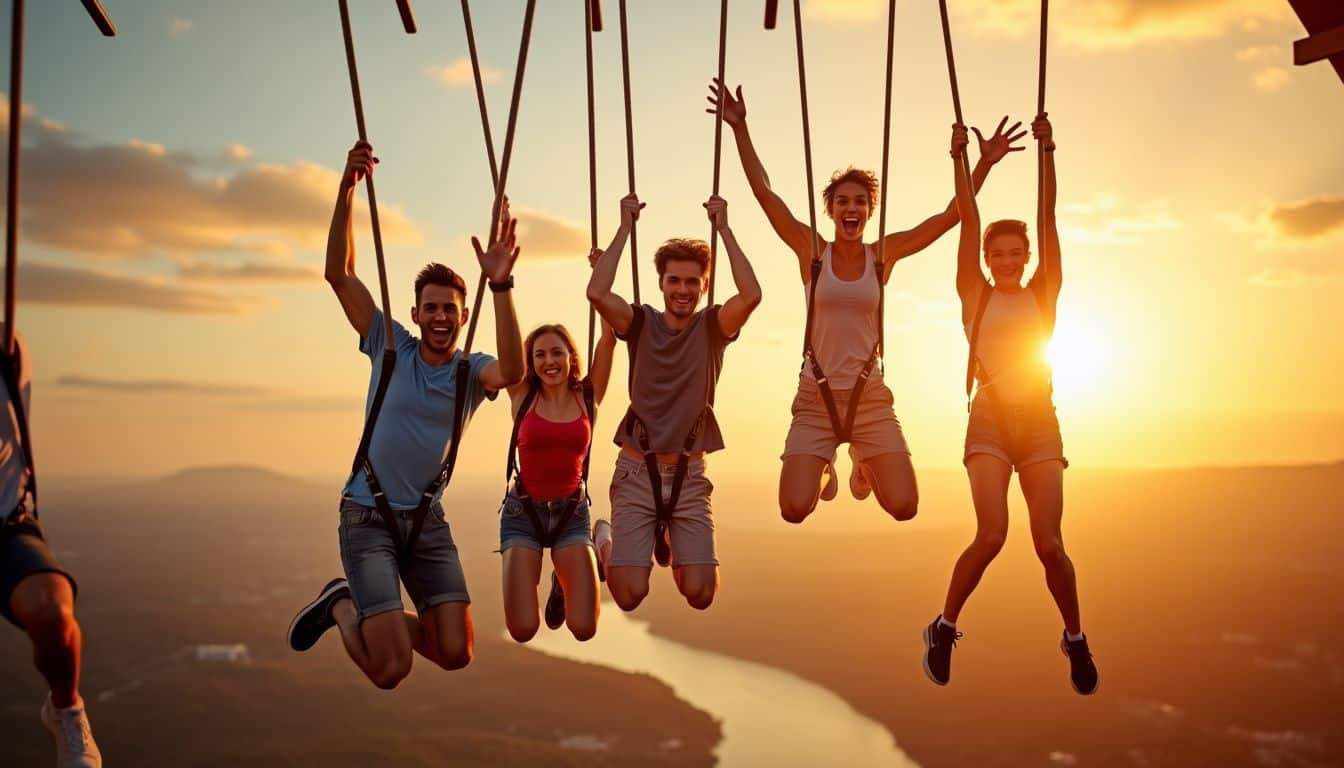 Young adults bungee jumping off a bridge at sunset. Young adults bungee jumping off a bridge at sunset.