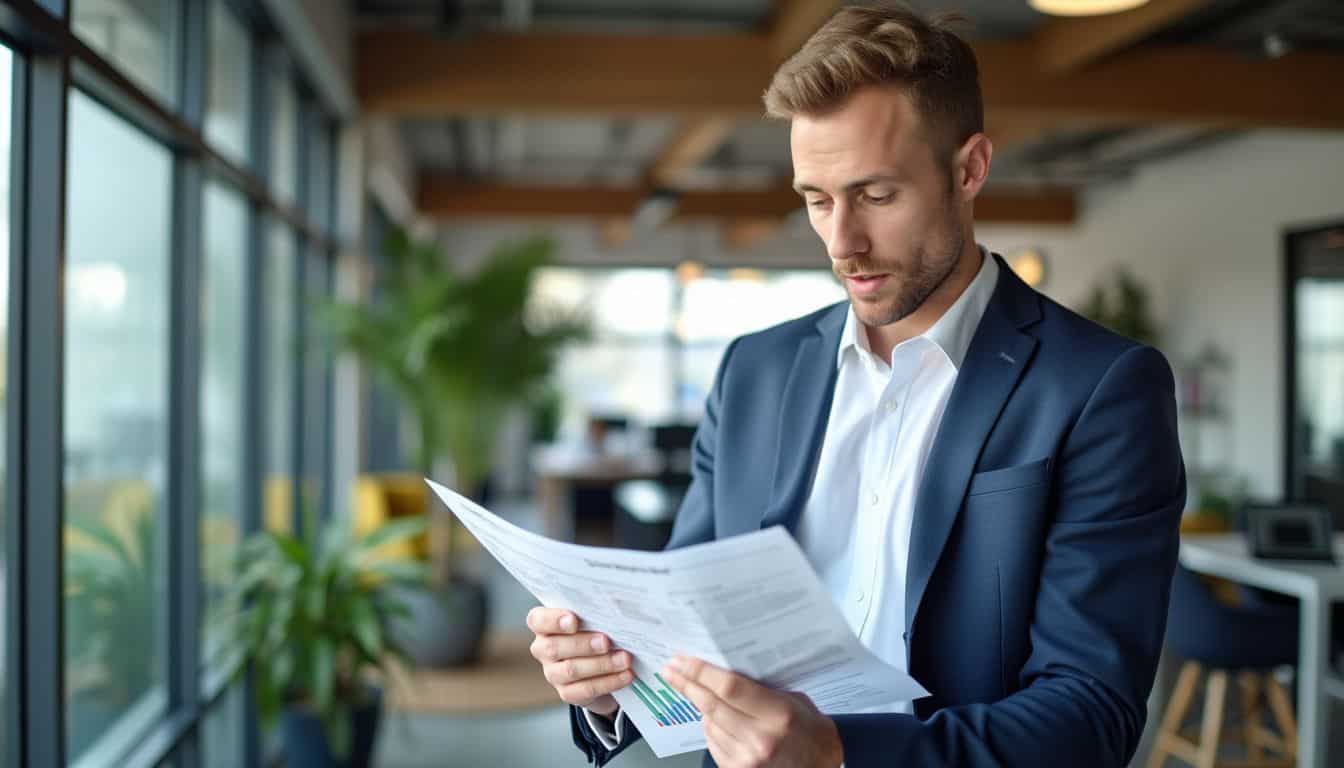 A businessman in a navy blue suit is examining a SWOT analysis chart in a modern office. A businessman in a navy blue suit is examining a SWOT analysis chart in a modern office.