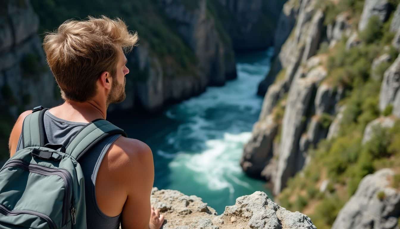 A man standing on the edge of a steep cliff, contemplating. A man standing on the edge of a steep cliff, contemplating.