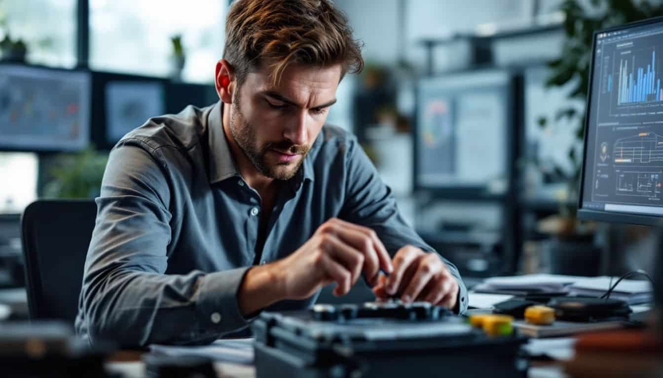 A male legal expert inspects a damaged electric car battery in his cluttered office. A male legal expert inspects a damaged electric car battery in his cluttered office.