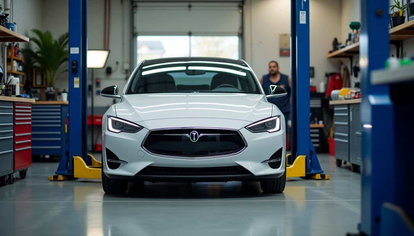 An electric car undergoing repairs in a busy mechanic's workshop. An electric car undergoing repairs in a busy mechanic's workshop.