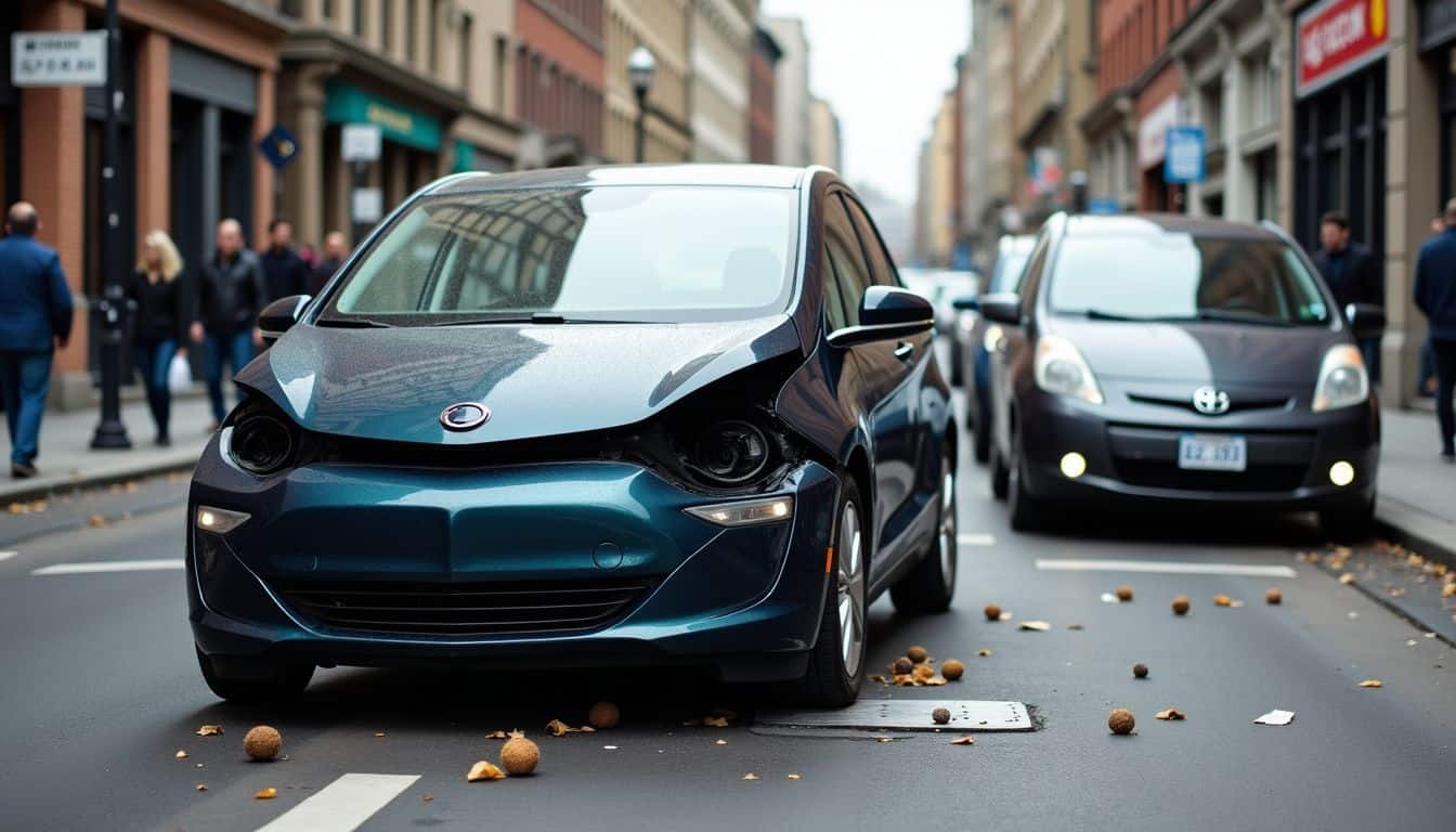 A damaged electric car crashed into a conventional vehicle on a city street. A damaged electric car crashed into a conventional vehicle on a city street.