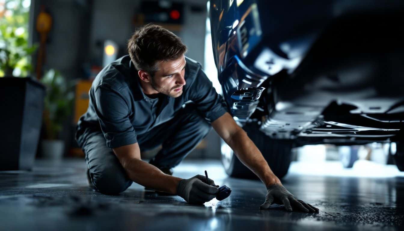 A man inspects the undercarriage of an electric car in a garage. A man inspects the undercarriage of an electric car in a garage.