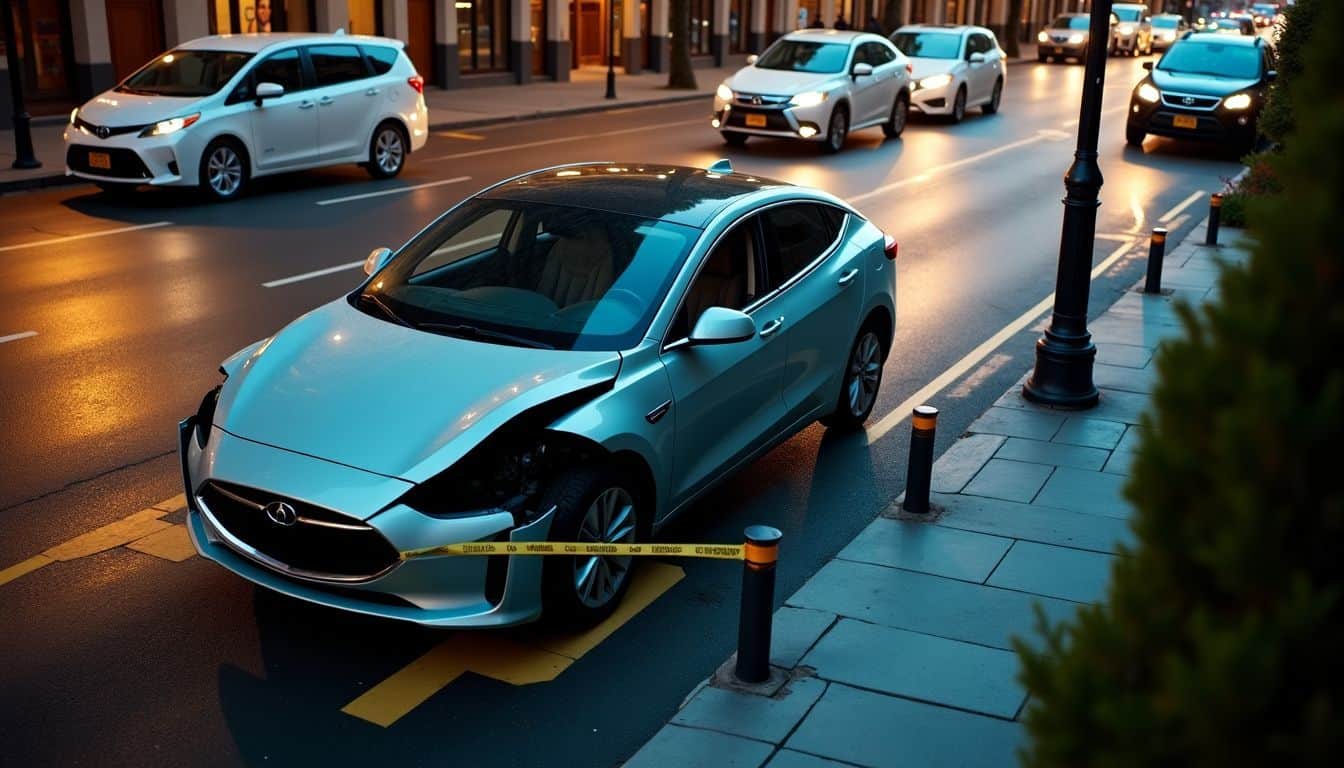 A damaged electric car surrounded by caution tape and insurance adjuster vehicles. A damaged electric car surrounded by caution tape and insurance adjuster vehicles.