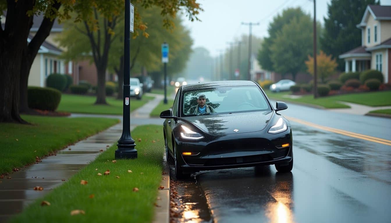 An electric car crashes into a light pole on a rainy suburban street. An electric car crashes into a light pole on a rainy suburban street.