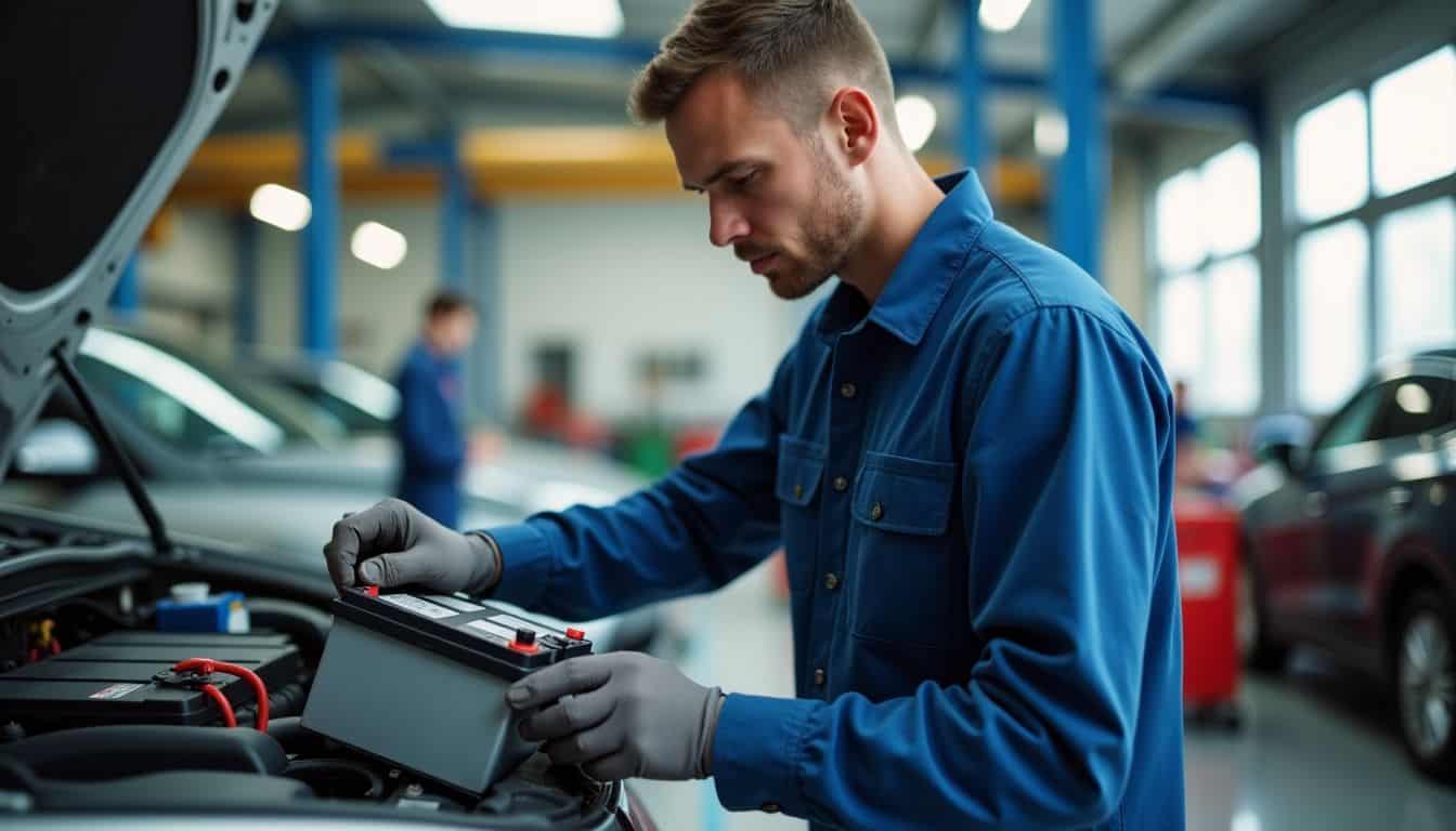 A technician is safely removing an electric car battery in a repair shop. A technician is safely removing an electric car battery in a repair shop.