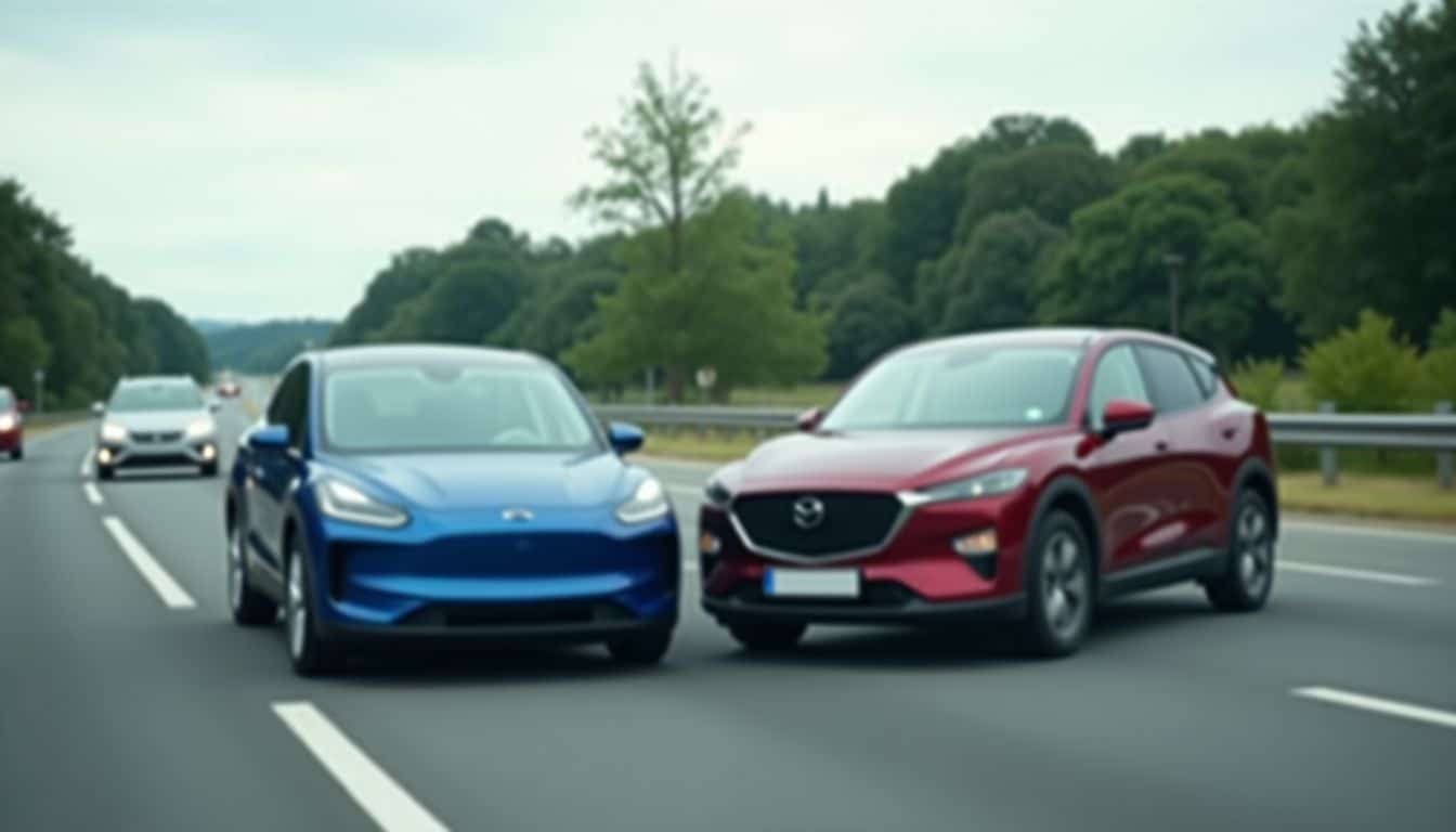 Collision between electric car and gas car illustrates size and safety impact. Collision between electric car and gas car illustrates size and safety impact.