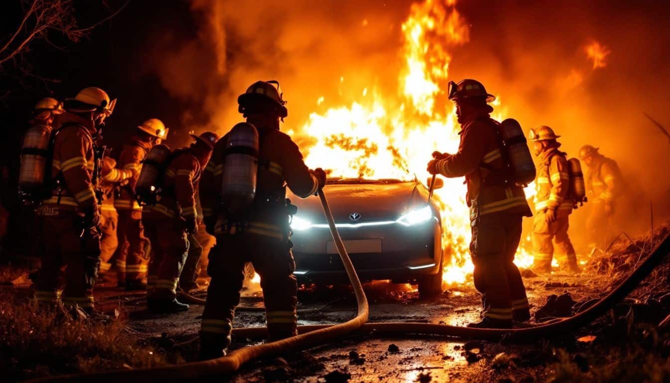 Firefighters working to extinguish an electric vehicle fire after collision. Firefighters working to extinguish an electric vehicle fire after collision.