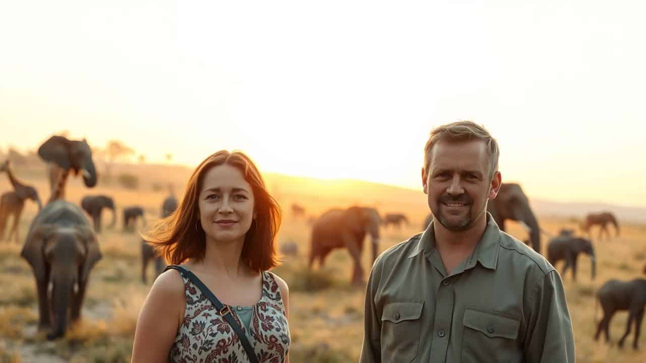 A couple in their 30s on an African safari with wild animals.