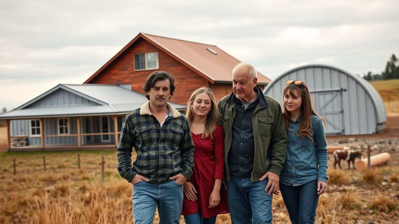 A family of four explores different steel home options in a rural area. A family of four explores different steel home options in a rural area.