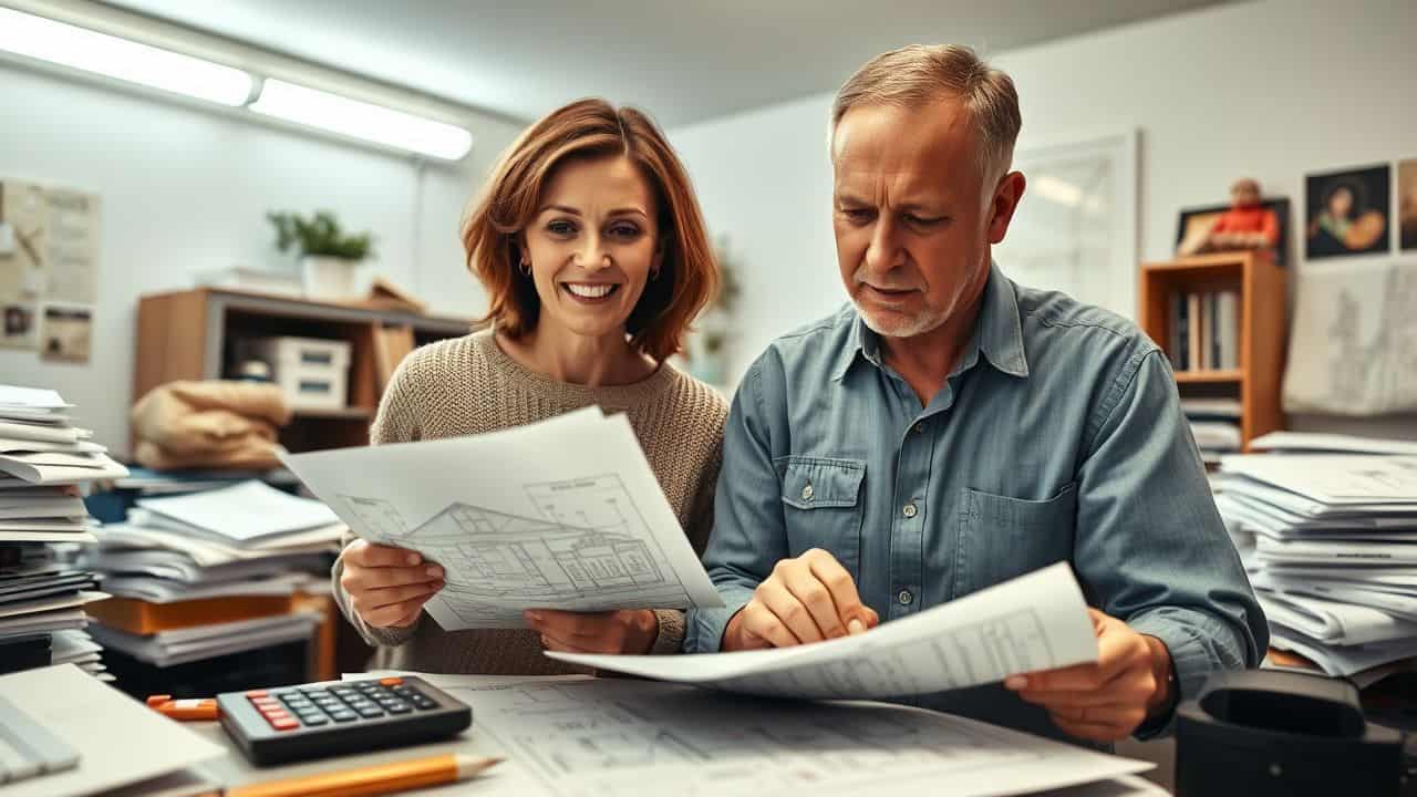 Two adults working on steel home building plans in cluttered office. Two adults working on steel home building plans in cluttered office.