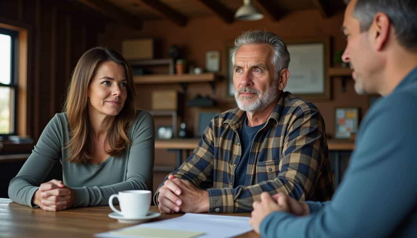 A couple discussing barndominium construction costs in a rustic home office. A couple discussing barndominium construction costs in a rustic home office.