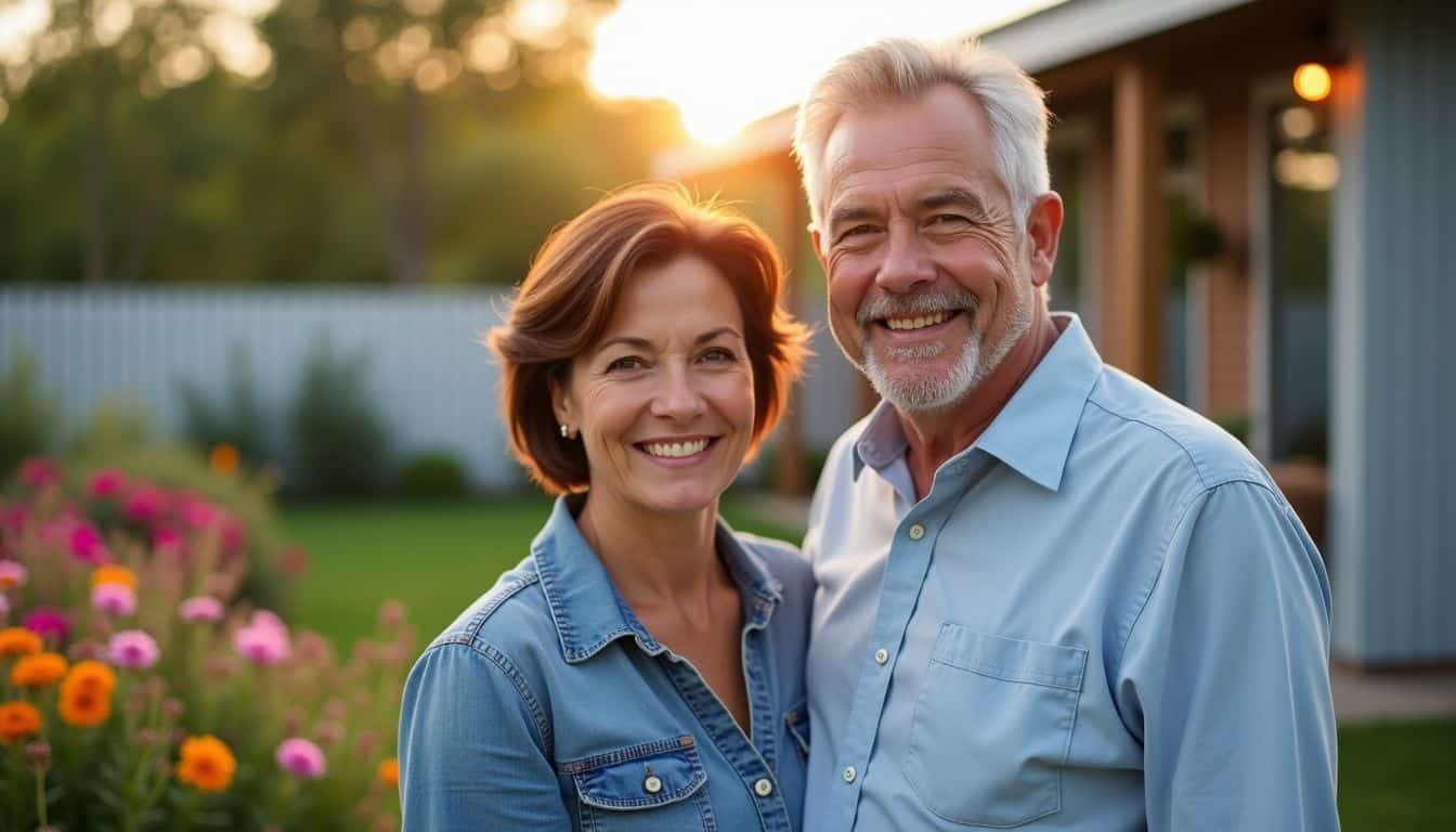 A happy middle-aged couple stands outside their simple steel home. A happy middle-aged couple stands outside their simple steel home.