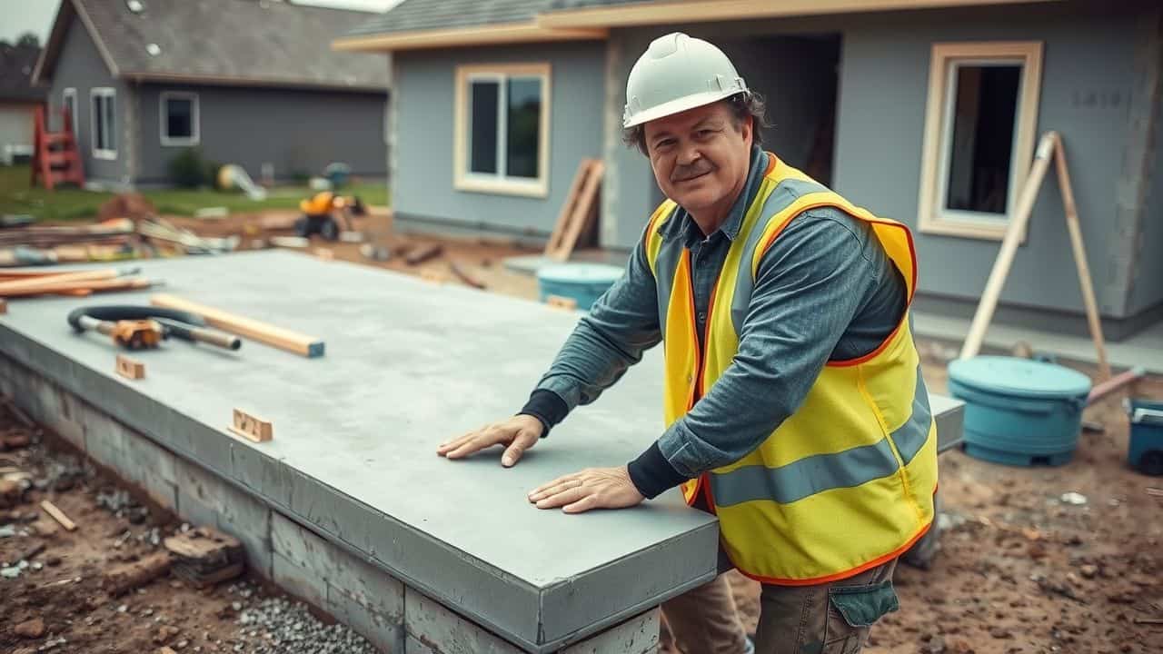 A construction worker placing a concrete slab at a residential site. A construction worker placing a concrete slab at a residential site.