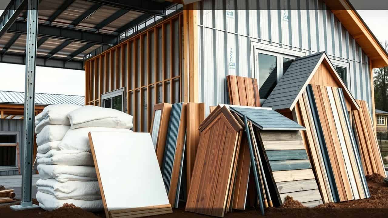A steel home under construction with insulation and siding options displayed. A steel home under construction with insulation and siding options displayed.