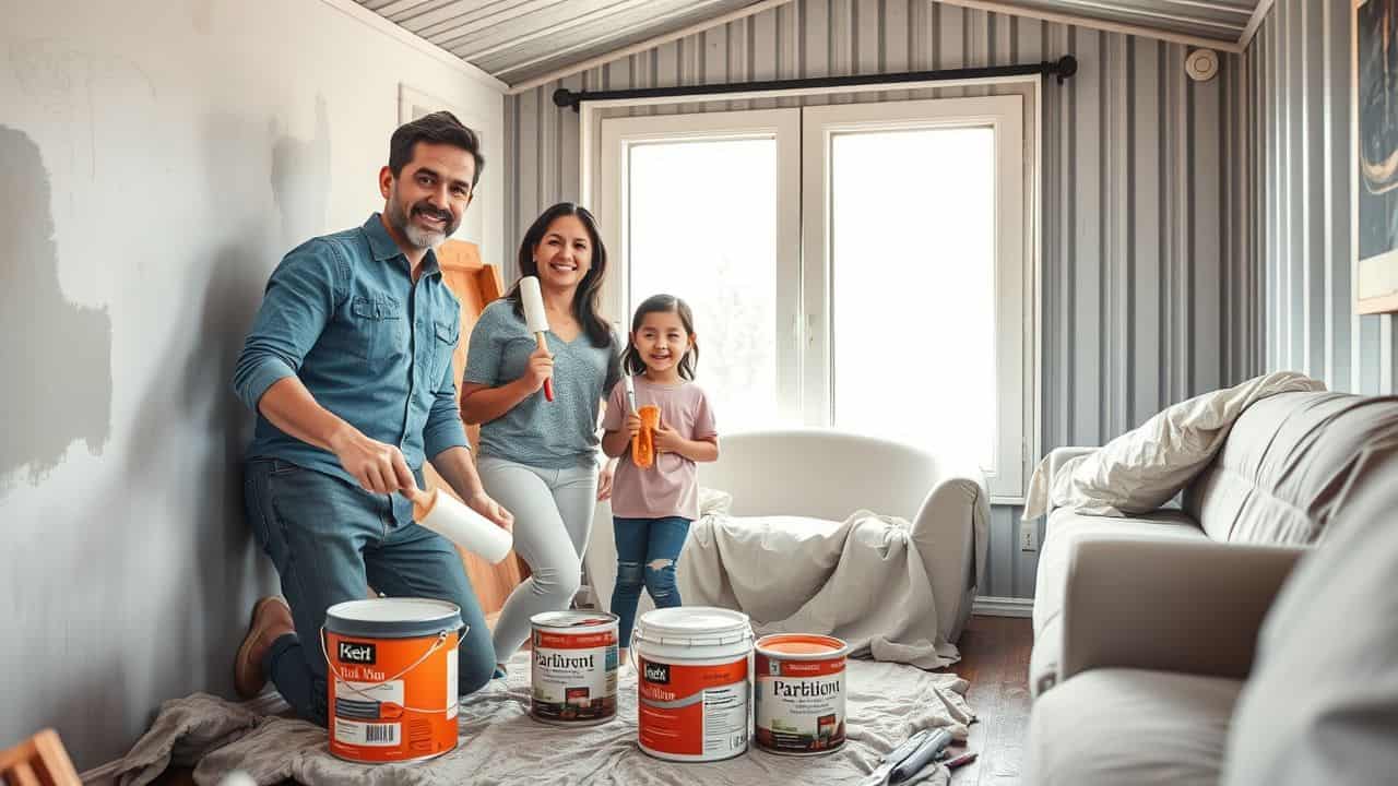 A family of four happily paints the interior walls of their home. A family of four happily paints the interior walls of their home.
