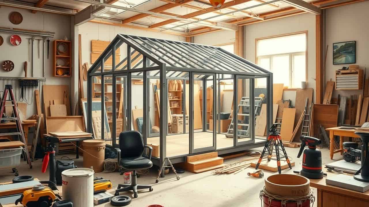 A modern steel home kit set in a cluttered workspace. A modern steel home kit set in a cluttered workspace.