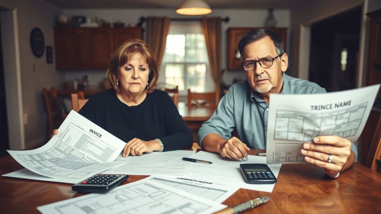 Middle-aged couple stressed over rising costs of building steel home. Middle-aged couple stressed over rising costs of building steel home.