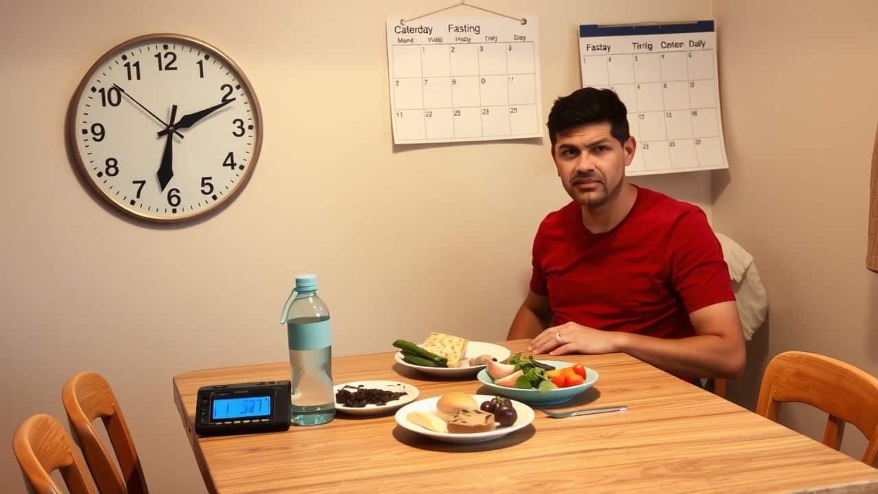 A person practicing intermittent fasting at a kitchen table with a timed meal.