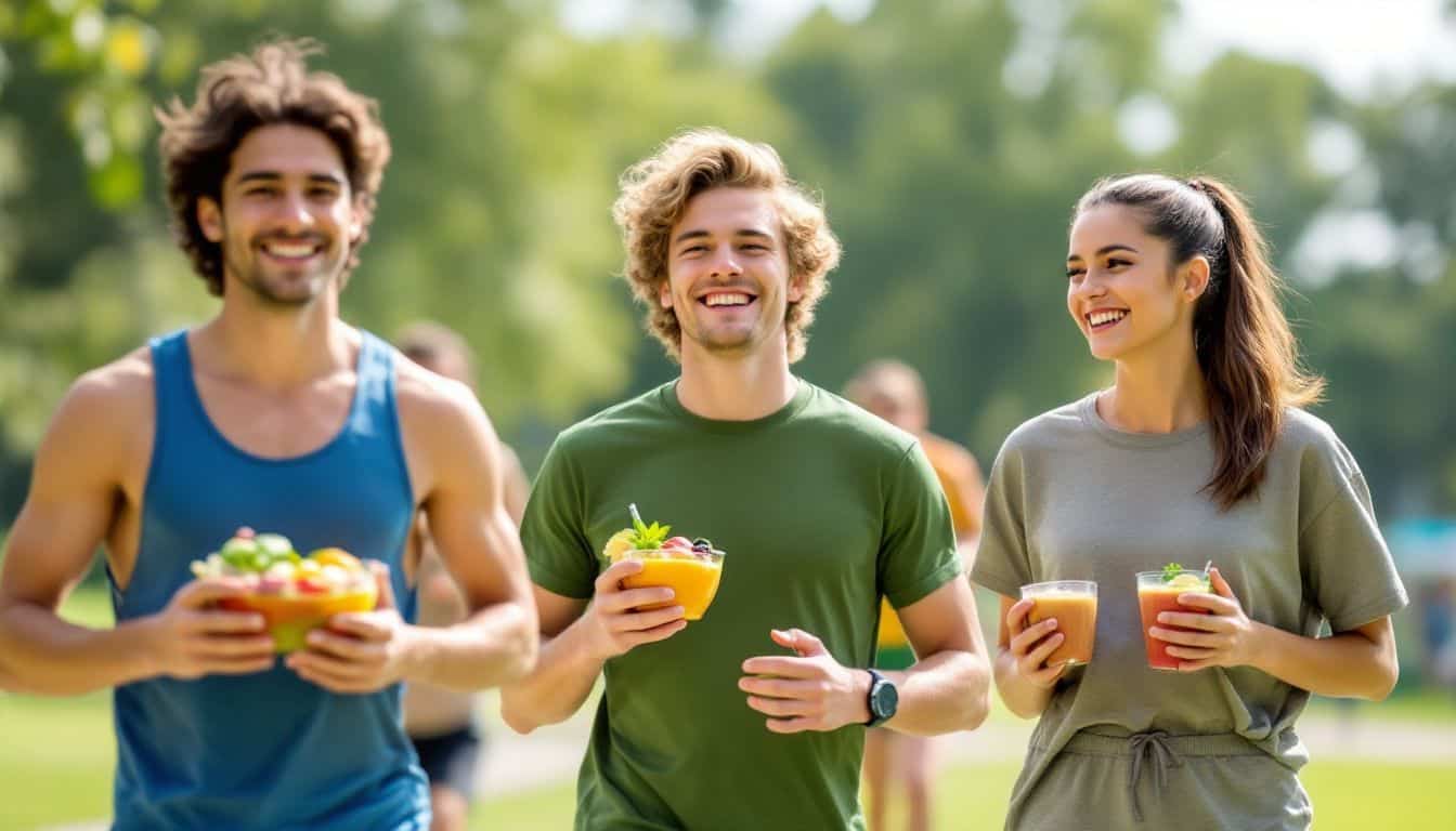 A group of teenagers exercising in a park while enjoying smoothie bowls. A group of teenagers exercising in a park while enjoying smoothie bowls.