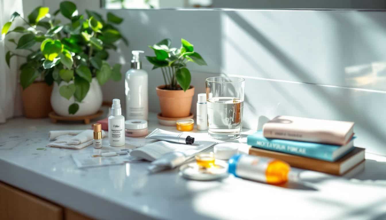 A cluttered bathroom counter with skincare products, books, and a struggling plant. A cluttered bathroom counter with skincare products, books, and a struggling plant.