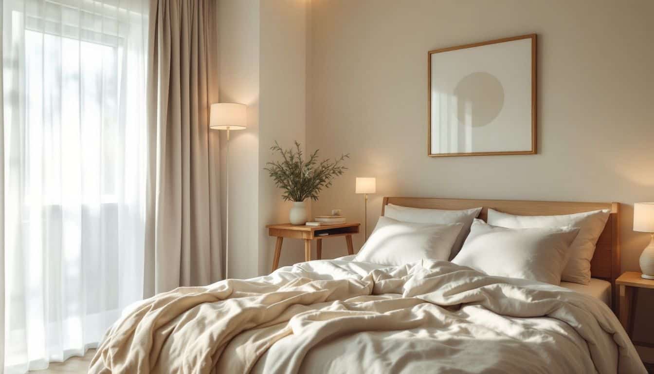 A peaceful and inviting bedroom, perfect for relaxation and unwinding. A peaceful and inviting bedroom, perfect for relaxation and unwinding.