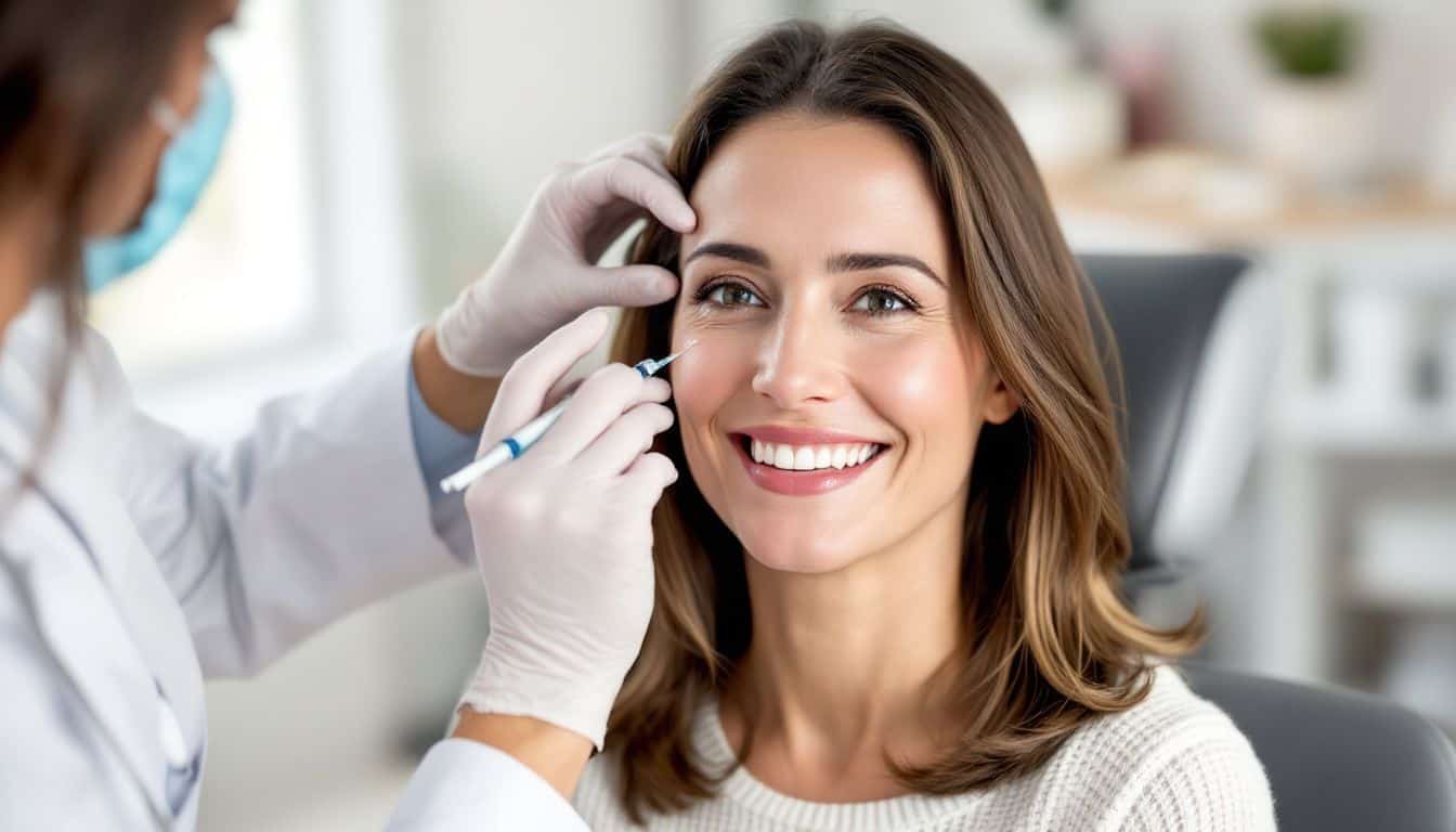 A middle-aged woman receives a Botox injection in a dermatologist's office. A middle-aged woman receives a Botox injection in a dermatologist's office.