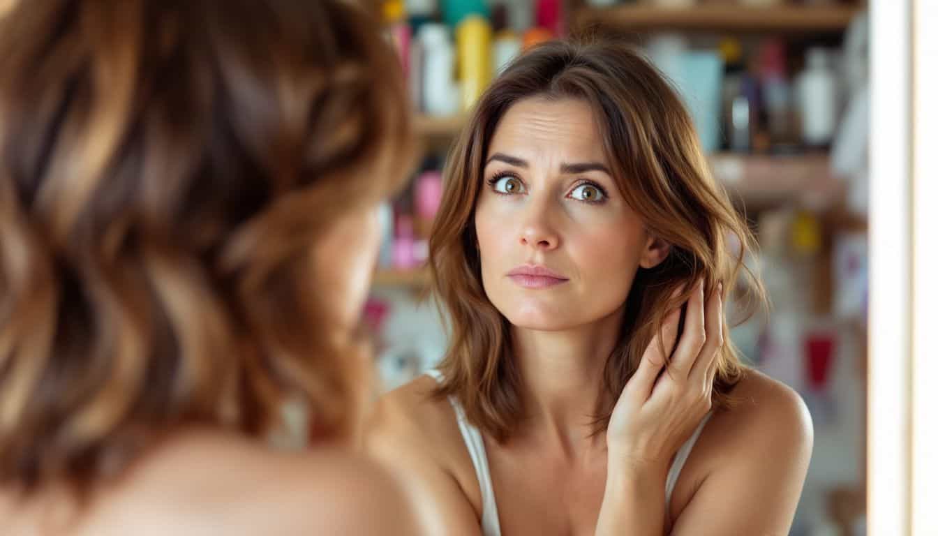 A woman in her mid-40s examines her reflection surrounded by beauty products. A woman in her mid-40s examines her reflection surrounded by beauty products.