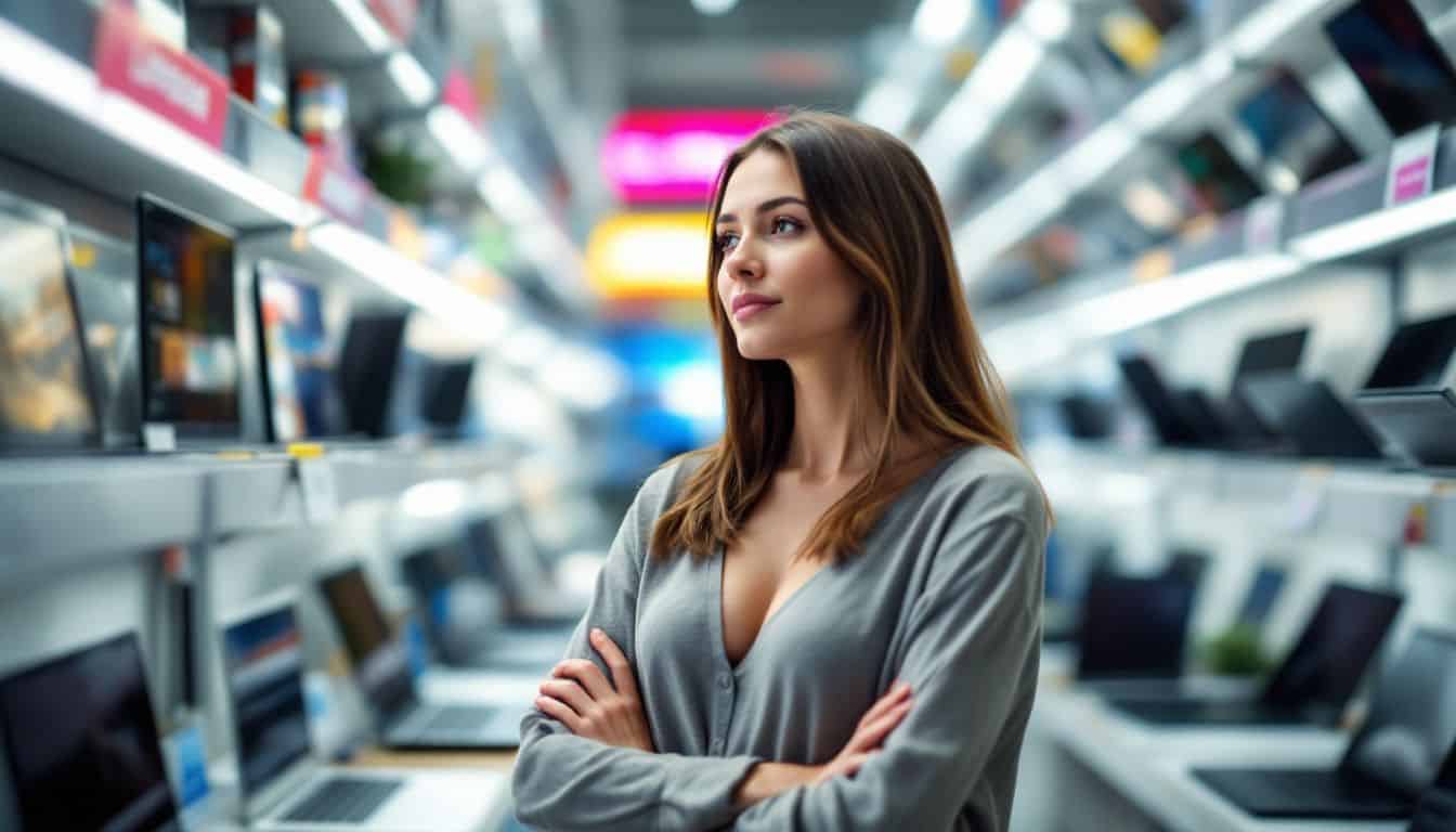 A woman in her late 20s is comparing laptops in an electronics store. A woman in her late 20s is comparing laptops in an electronics store.