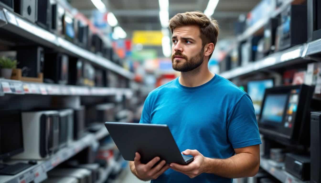 A person considers upgrading an old laptop in a busy electronics store. A person considers upgrading an old laptop in a busy electronics store.
