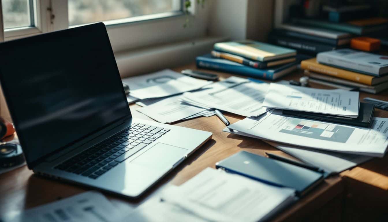 A cluttered desk with a laptop, books, and papers for work. A cluttered desk with a laptop, books, and papers for work.