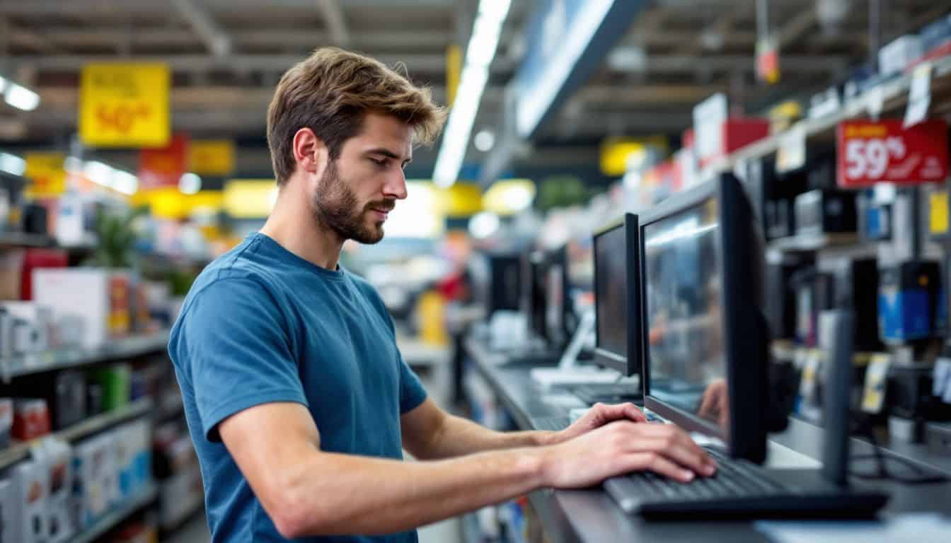 A shopper comparing computer options at an electronics store. A shopper comparing computer options at an electronics store.