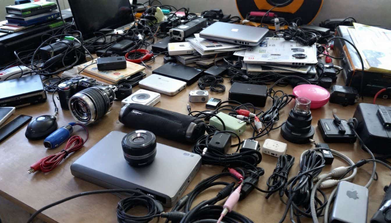 A cluttered table with electronic devices and accessories reflects everyday chaos. A cluttered table with electronic devices and accessories reflects everyday chaos.