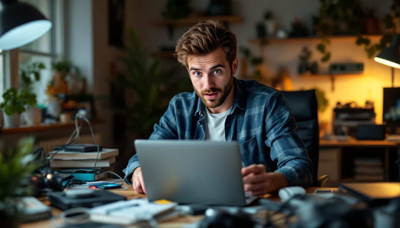 A man in his 30s checks his credit card benefits at a cluttered desk. A man in his 30s checks his credit card benefits at a cluttered desk.