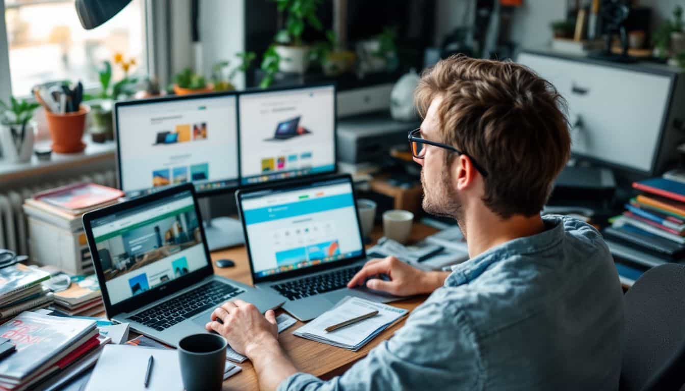 A person sitting at a cluttered desk browsing price comparison websites. A person sitting at a cluttered desk browsing price comparison websites.