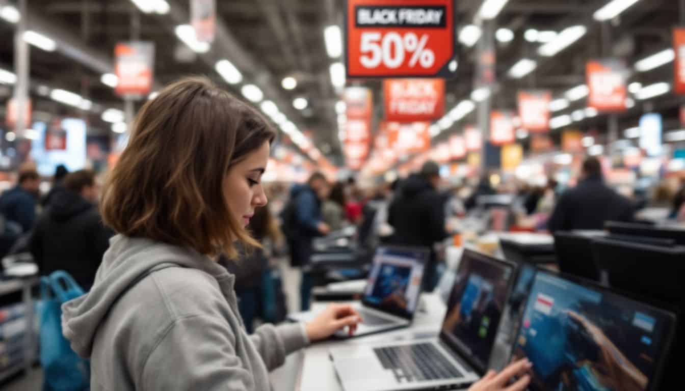 A person browsing laptops on sale during Black Friday in a busy store. A person browsing laptops on sale during Black Friday in a busy store.