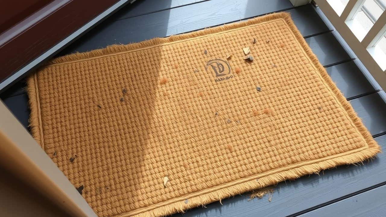 A weathered coir mat with visible dirt and debris on a porch. A weathered coir mat with visible dirt and debris on a porch.