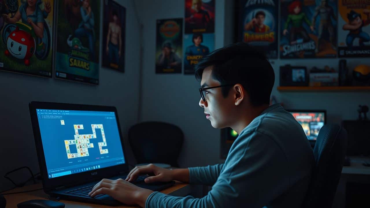 A person playing a puzzle game on a laptop in a gaming-themed room. A person playing a puzzle game on a laptop in a gaming-themed room.