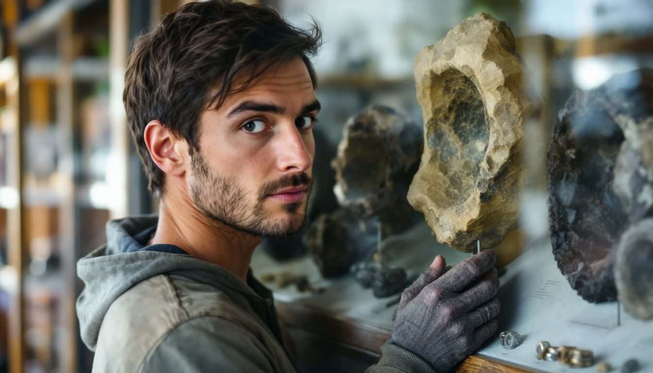 A person examines meteorite rings in a display case. A person examines meteorite rings in a display case.