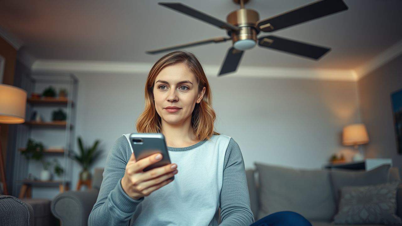 A woman in her 30s adjusting a smart ceiling fan in a living room. A woman in her 30s adjusting a smart ceiling fan in a living room.