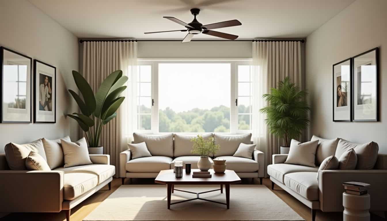 A cozy living room with modern furniture and a sleek ceiling fan. A cozy living room with modern furniture and a sleek ceiling fan.