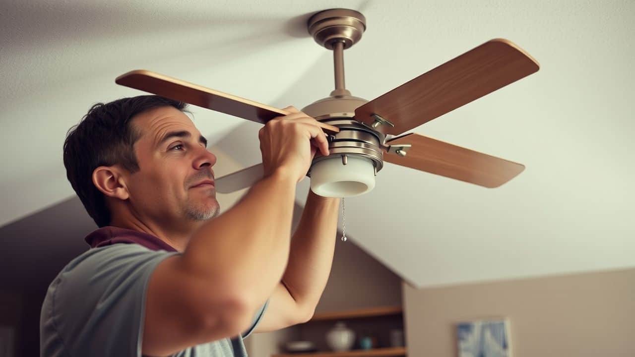 A man is installing a ceiling fan in a living room. A man is installing a ceiling fan in a living room.