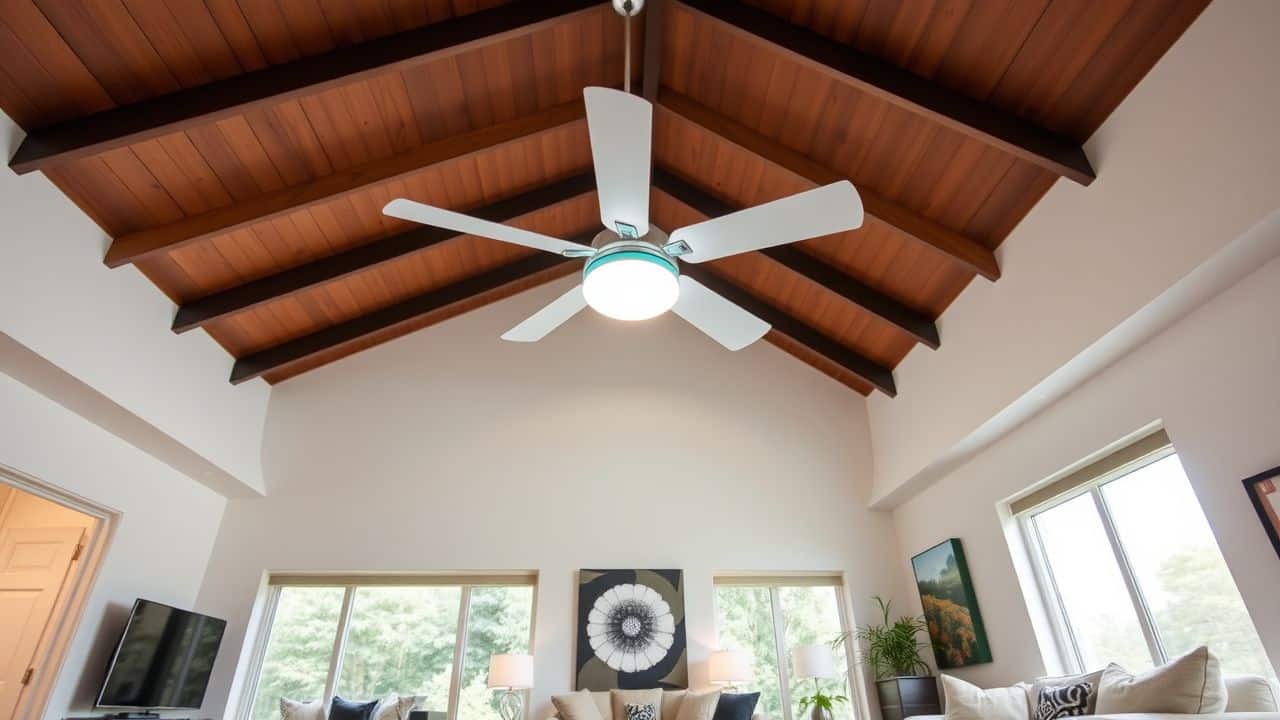 A modern living room with a stylish ceiling fan and contemporary decor. A modern living room with a stylish ceiling fan and contemporary decor.