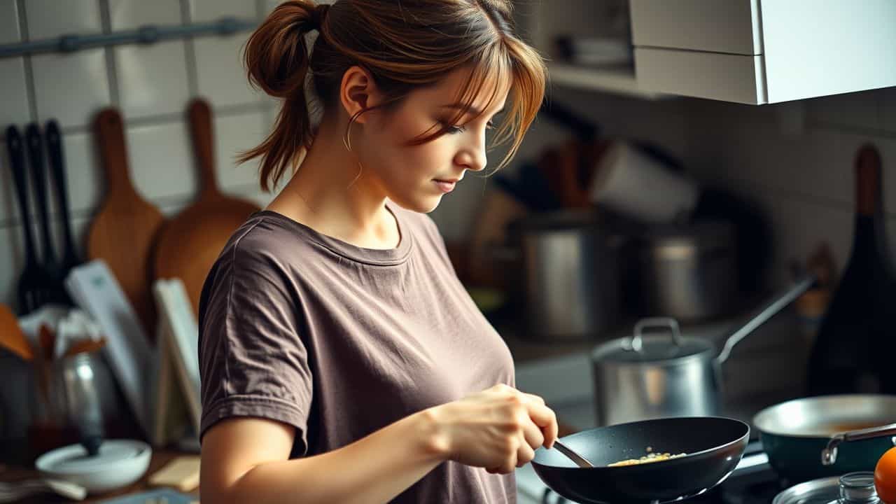 A woman in her 30s cooking in a cluttered kitchen. A woman in her 30s cooking in a cluttered kitchen.