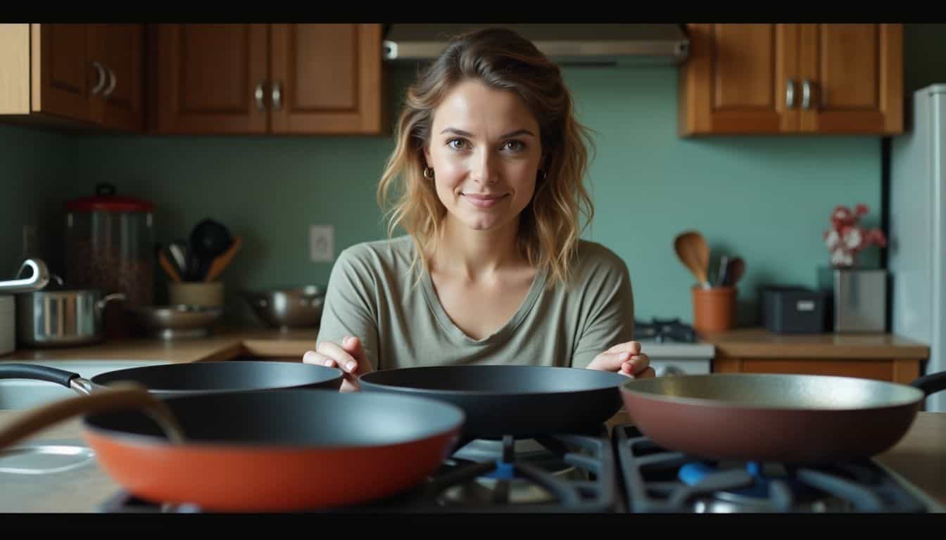 A woman examining different frying pans in a messy kitchen. A woman examining different frying pans in a messy kitchen.